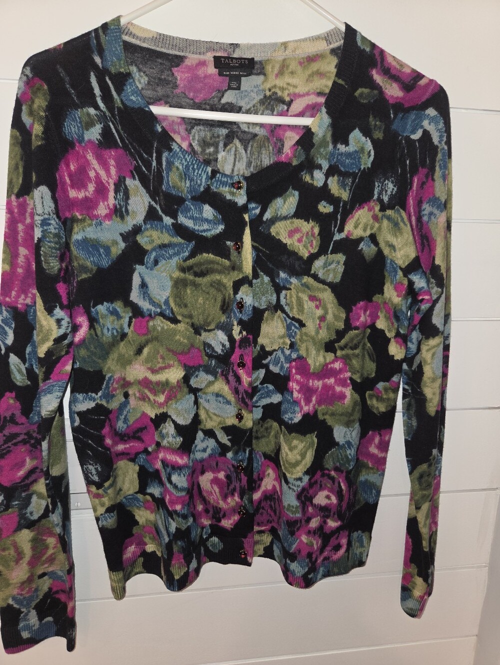 Talbots Floral Black Pink Green Knit Cardigan Merino Wool